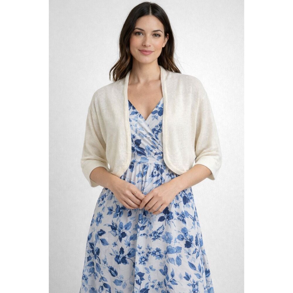 NY&Co Linen Blend White Cropped Shrug Cardigan Womens M NWT